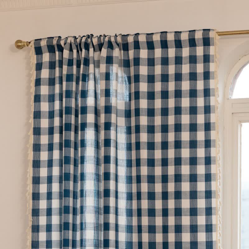 Ownkoti Country Style Grid Curtain with Tassels - image 22
