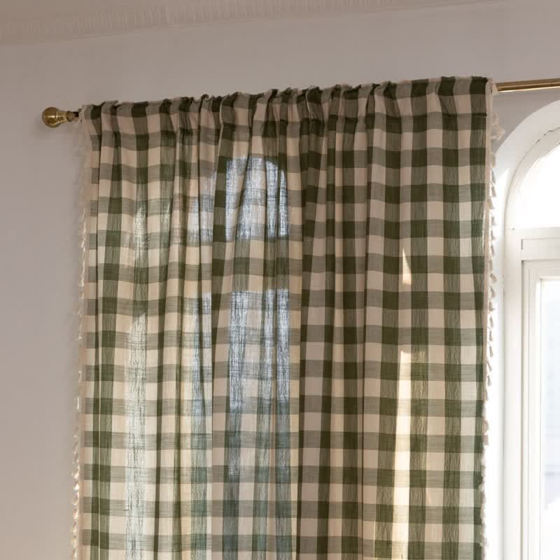 Ownkoti Country Style Grid Curtain with Tassels - image 9