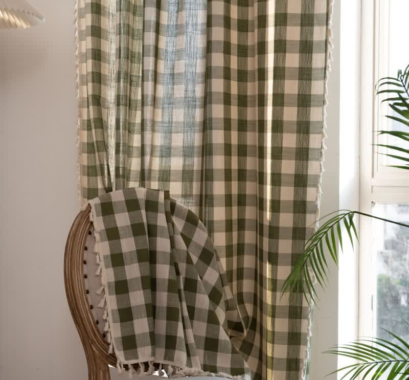 Ownkoti Country Style Grid Curtain with Tassels - image 8