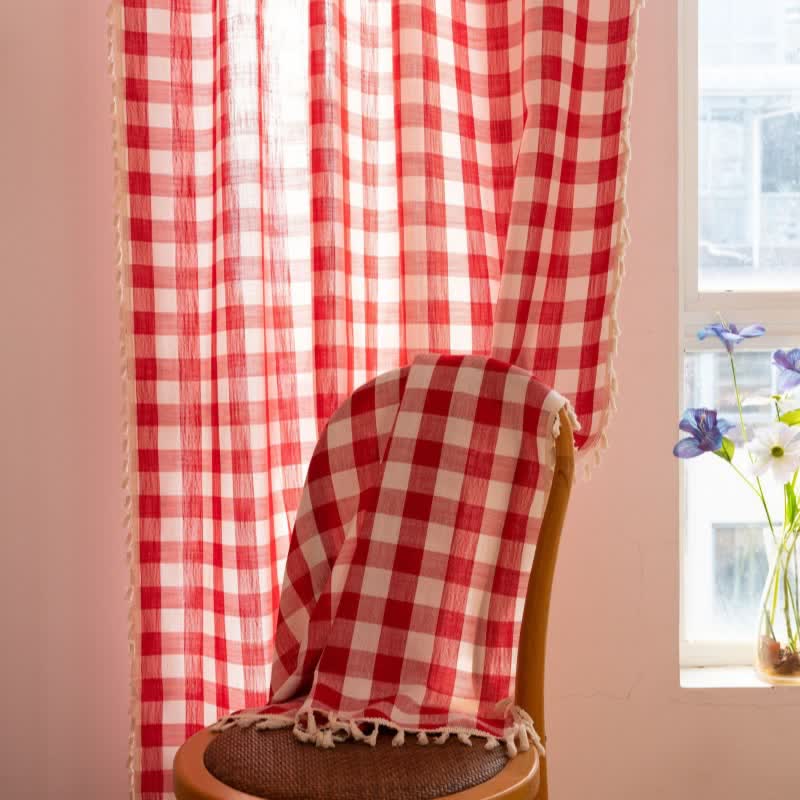 Ownkoti Country Style Grid Curtain with Tassels - image 27