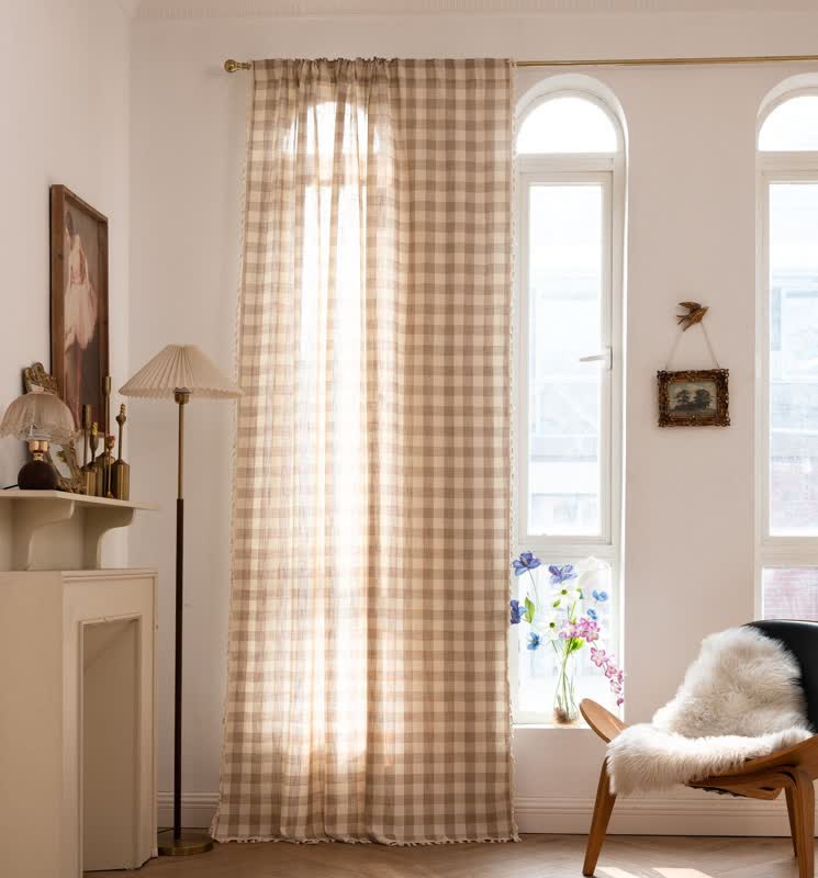 Ownkoti Country Style Grid Curtain with Tassels - Khaki - 55" x 118" - image 29