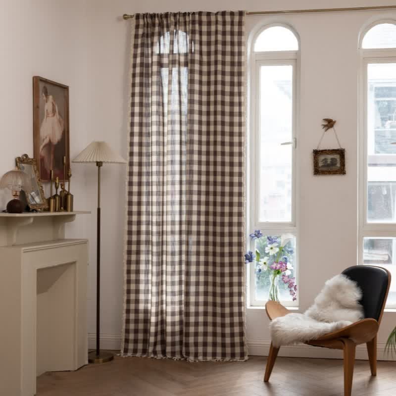 Ownkoti Country Style Grid Curtain with Tassels - Coffee - 55" x 118" - image 33