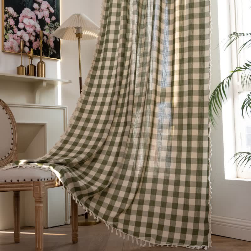 Ownkoti Country Style Grid Curtain with Tassels - image 5
