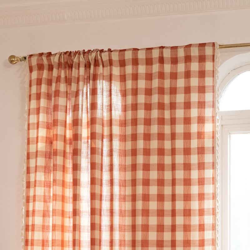 Ownkoti Country Style Grid Curtain with Tassels - image 12