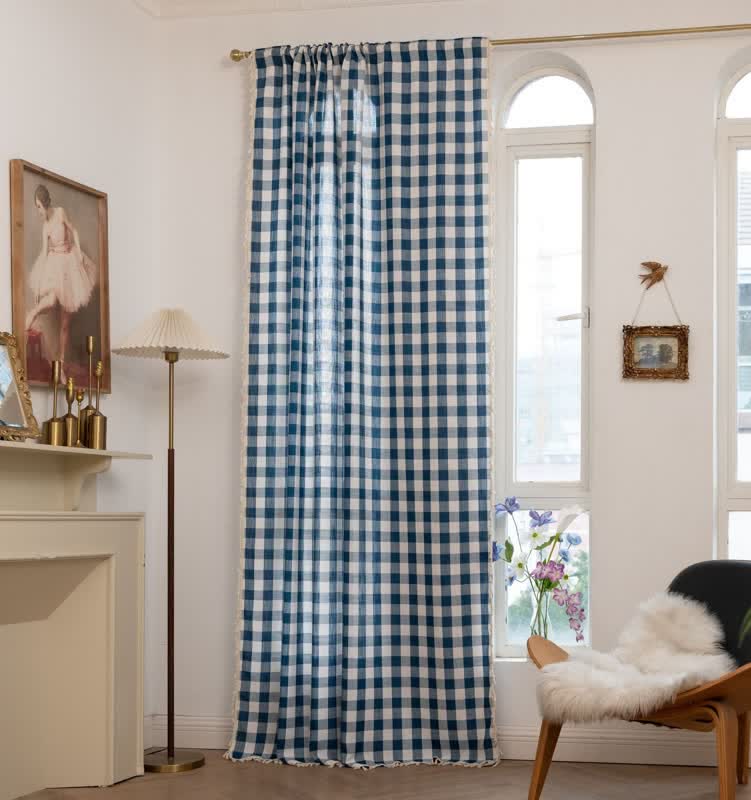 Ownkoti Country Style Grid Curtain with Tassels - Navy Blue - 55" x 118" - image 18