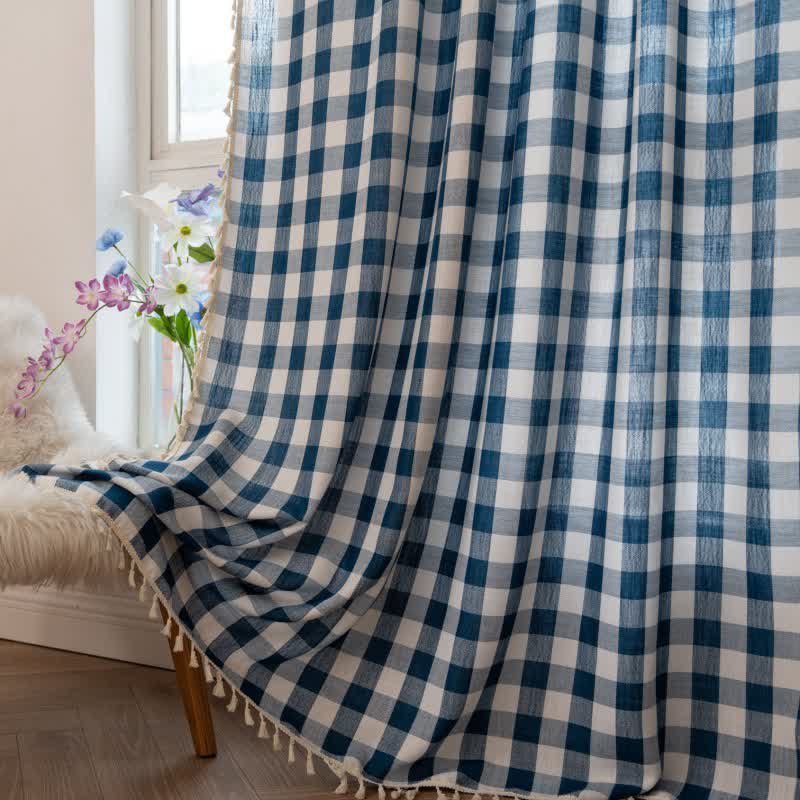 Ownkoti Country Style Grid Curtain with Tassels - image 20
