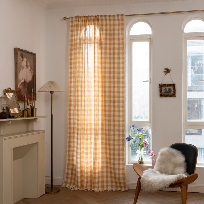 Ownkoti Country Style Grid Curtain with Tassels - Yellow - 55" x 118" - image 13