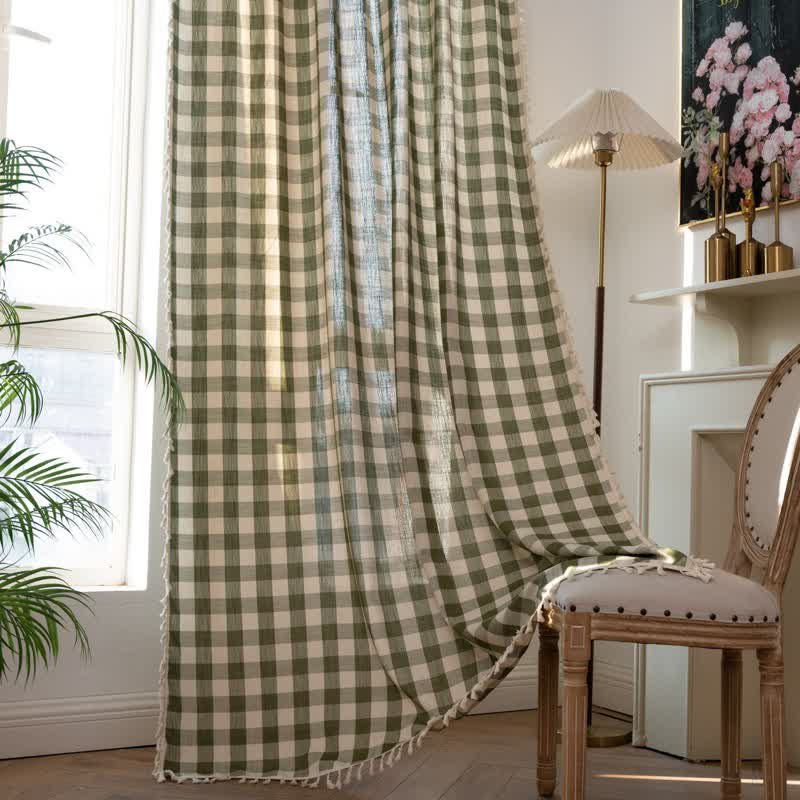 Ownkoti Country Style Grid Curtain with Tassels - image 7
