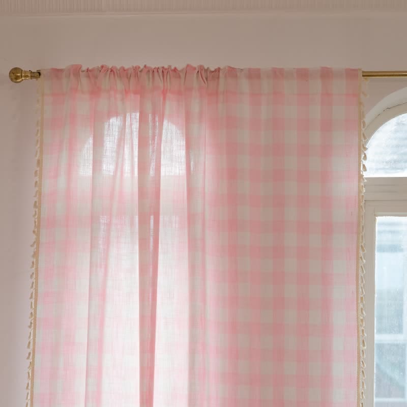 Ownkoti Country Style Grid Curtain with Tassels - image 3