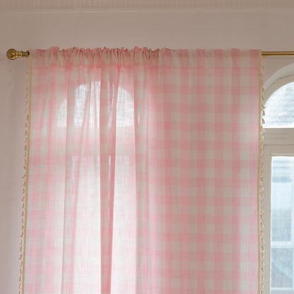 Ownkoti Country Style Grid Curtain with Tassels - image 3