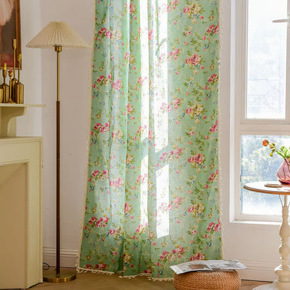 Ownkoti Rustic Green Rose Curtain with Tassel - image 4