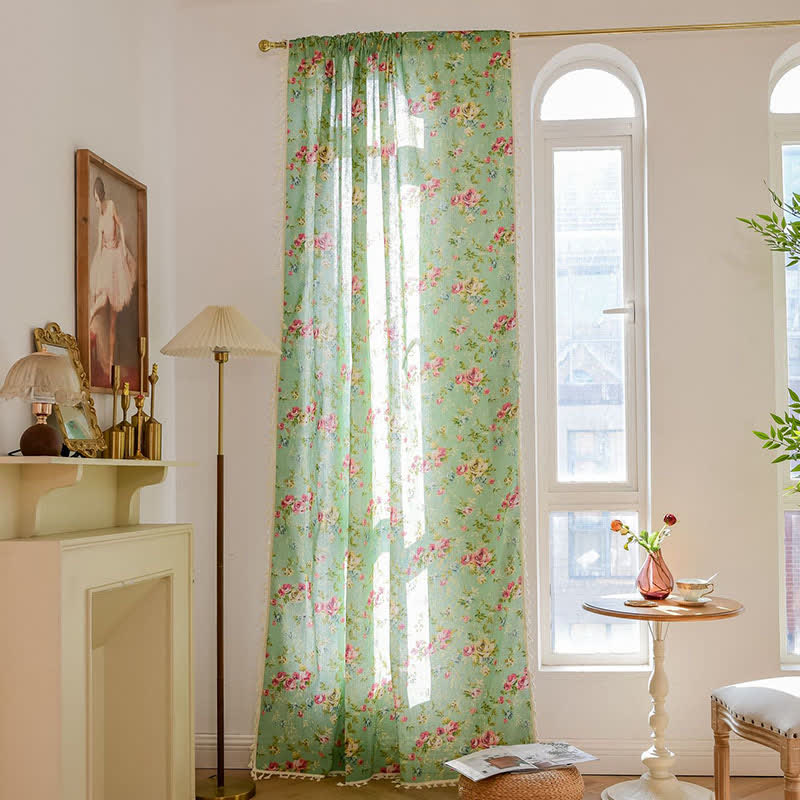 Ownkoti Rustic Green Rose Curtain with Tassel - image 2