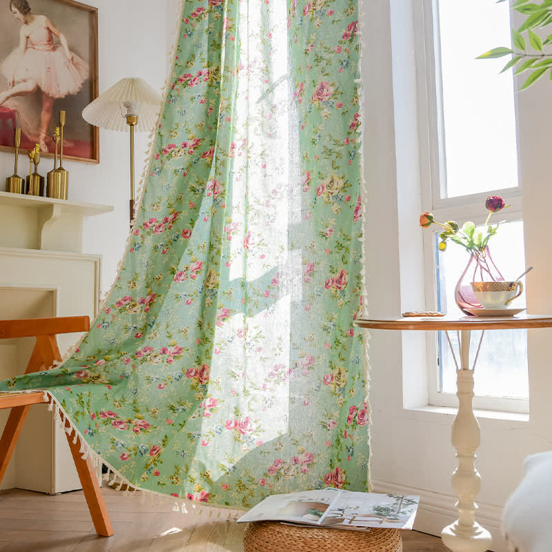 Ownkoti Rustic Green Rose Curtain with Tassel - image 3