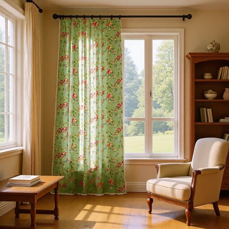 Ownkoti Rustic Green Rose Curtain with Tassel - image 1