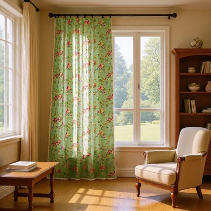Ownkoti Rustic Green Rose Curtain with Tassel - image 1