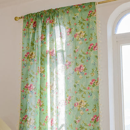 Ownkoti Rustic Green Rose Curtain with Tassel - image 6
