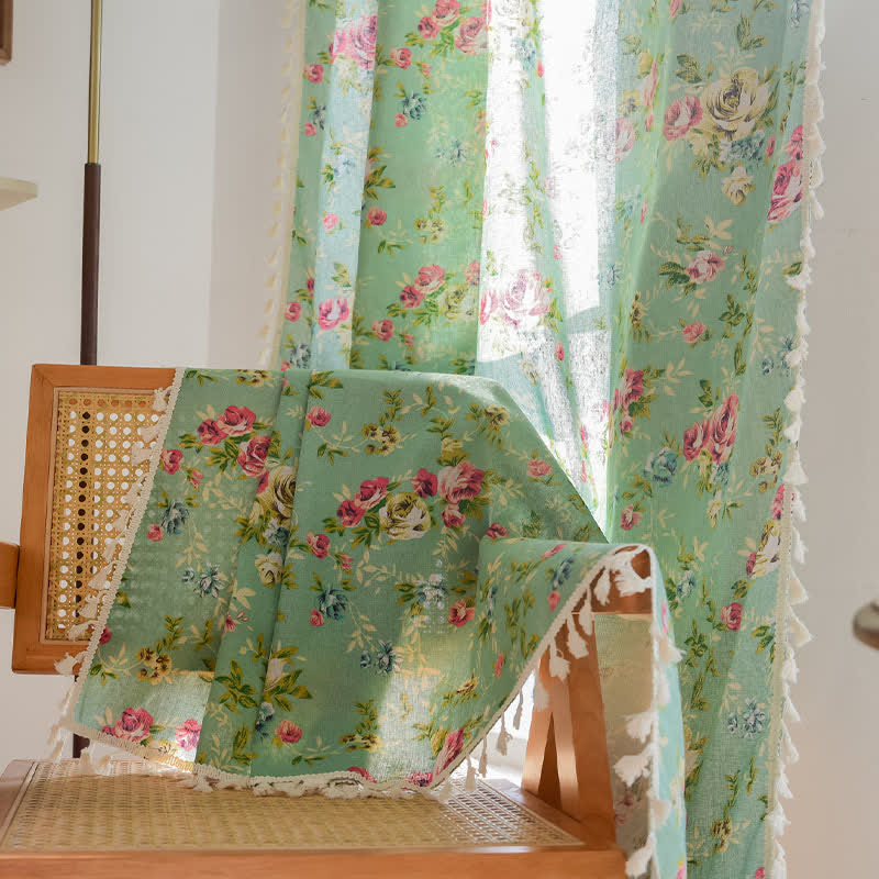 Ownkoti Rustic Green Rose Curtain with Tassel - image 5