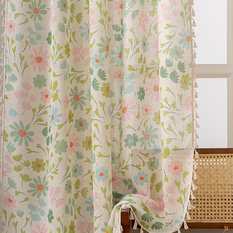 Ownkoti Daisy & Leaf Print Curtain With Tassel - image 3