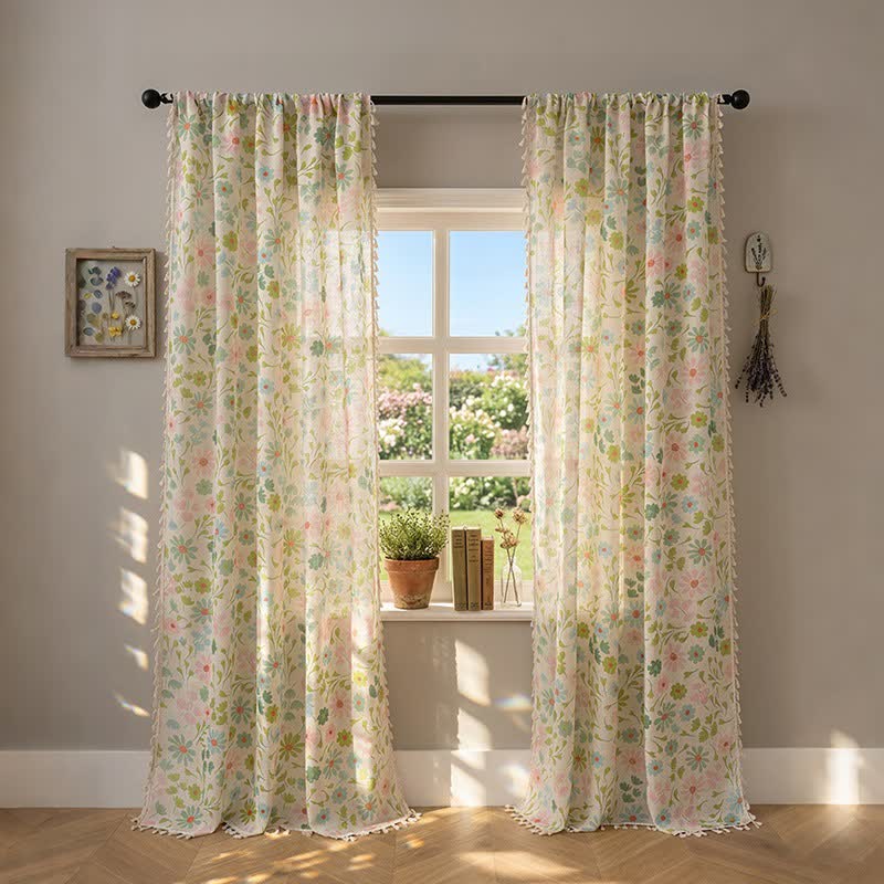 Ownkoti Daisy & Leaf Print Curtain With Tassel - 52" x 95" - image 0