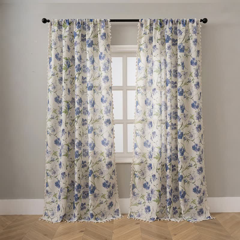 Ownkoti Blue Floral Print Curtain With Tassel - image 1
