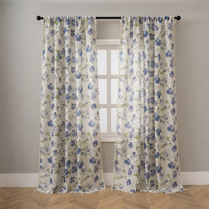 Ownkoti Blue Floral Print Curtain With Tassel - image 1