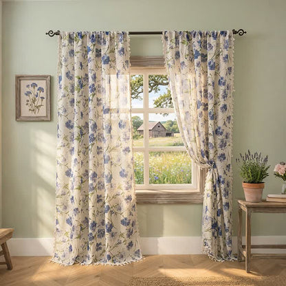 Ownkoti Blue Floral Print Curtain With Tassel - 52" x 95" - image 0
