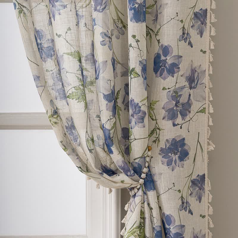 Ownkoti Blue Floral Print Curtain With Tassel - image 2