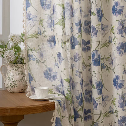 Ownkoti Blue Floral Print Curtain With Tassel - image 3