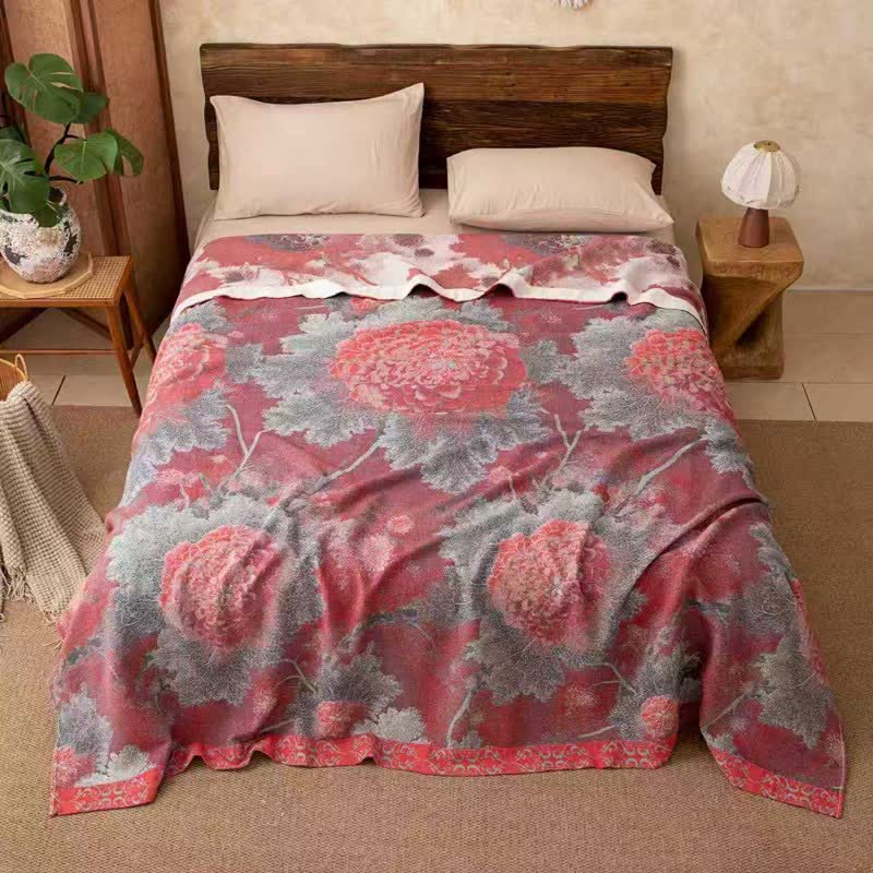 Ownkoti Rustic Floral Reversible Cotton Gauze Blanket - Red - 86"W x 94"L - image 0