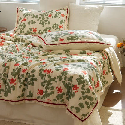Ownkoti Floral & Leaf Ruffled Cotton Gauze Quilt - Quilt with 2PCS Pillowcases - Queen - image 0