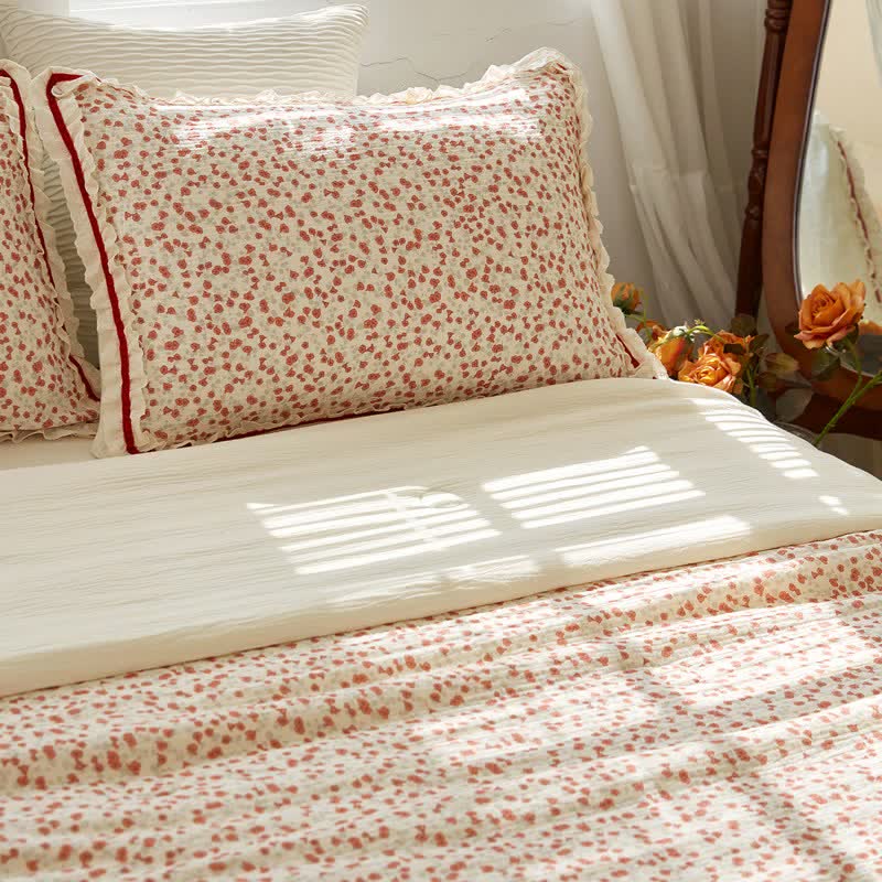 Ownkoti Red Floral Ruffled Cotton Gauze Quilt - 2PCS Pillowcases - 19" x 29" - image 6