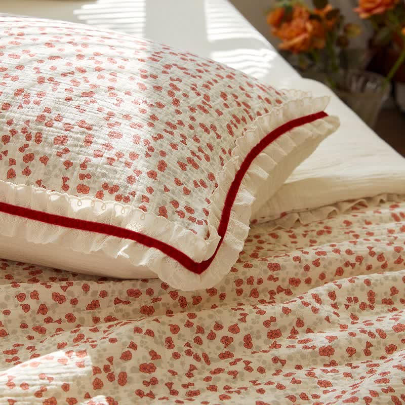 Ownkoti Red Floral Ruffled Cotton Gauze Quilt - image 9