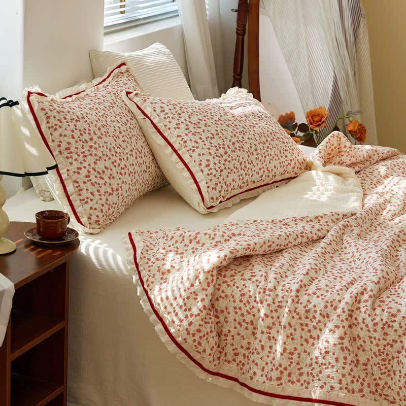 Ownkoti Red Floral Ruffled Cotton Gauze Quilt - image 5
