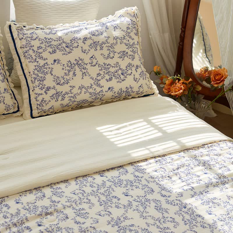 Ownkoti Blue Leaf Ruffled Cotton Gauze Quilt - 2PCS Pillowcases - 19" x 29" - image 6