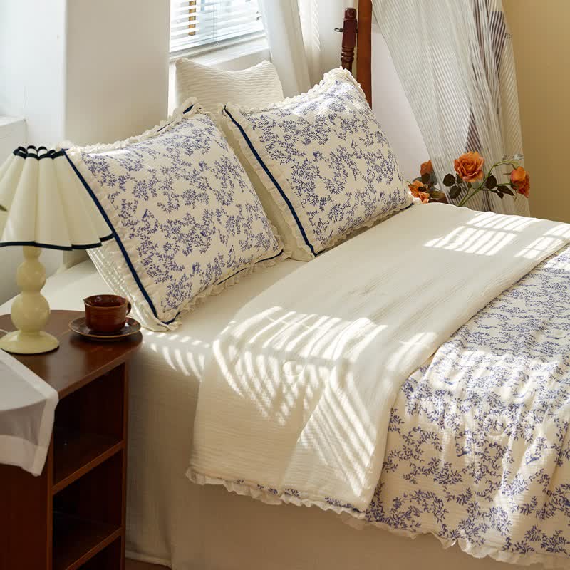 Ownkoti Blue Leaf Ruffled Cotton Gauze Quilt - image 4
