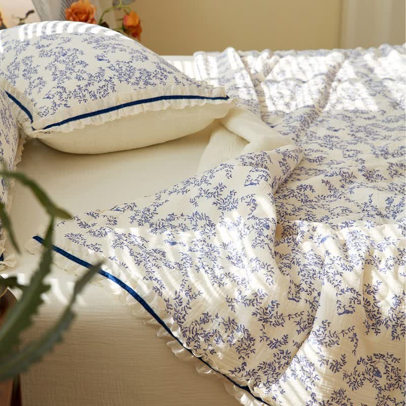 Ownkoti Blue Leaf Ruffled Cotton Gauze Quilt - image 8