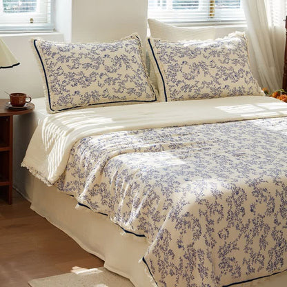 Ownkoti Blue Leaf Ruffled Cotton Gauze Quilt - Quilt with 2PCS Pillowcases - Queen - image 0