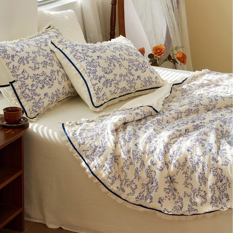 Ownkoti Blue Leaf Ruffled Cotton Gauze Quilt - image 5