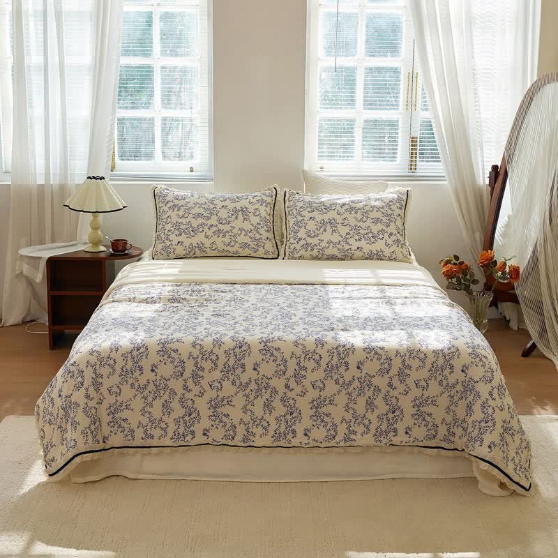 Ownkoti Blue Leaf Ruffled Cotton Gauze Quilt - image 1