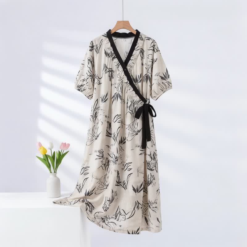 Ownkoti Artistic Pattern Ruffled Side-tie Nightgown - Black - 2XL - image 0