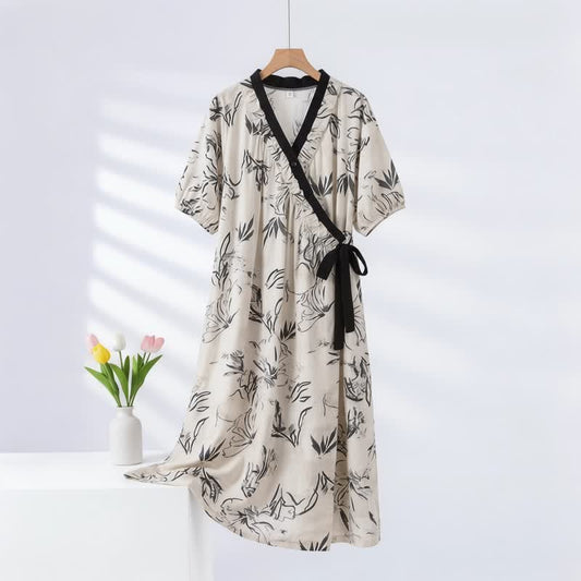 Ownkoti Artistic Pattern Ruffled Side-tie Nightgown - Black - 2XL - image 0