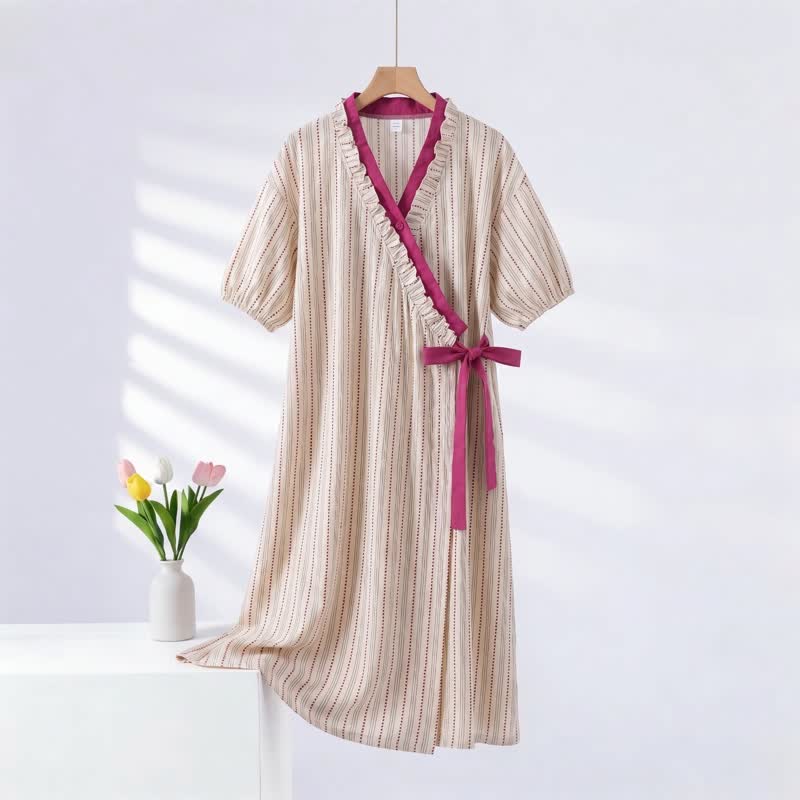 Ownkoti Polka Dot Striped Ruffled Side-tie Nightgown - Pink - 2XL - image 0