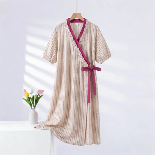Ownkoti Polka Dot Striped Ruffled Side-tie Nightgown - Pink - 2XL - image 0