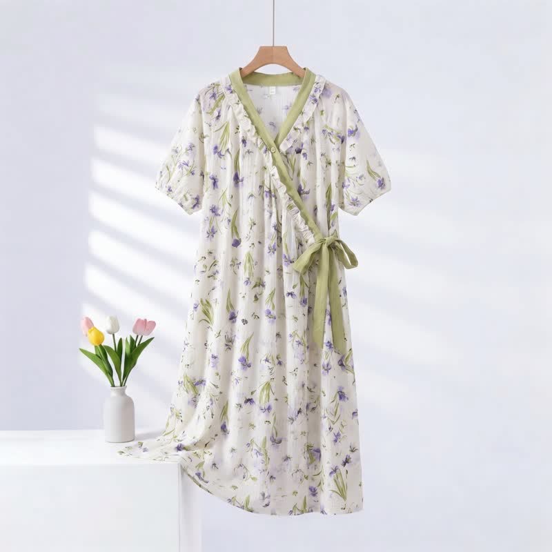 Ownkoti Purple Floral Ruffled Side-tie Nightgown - Green - 2XL - image 0