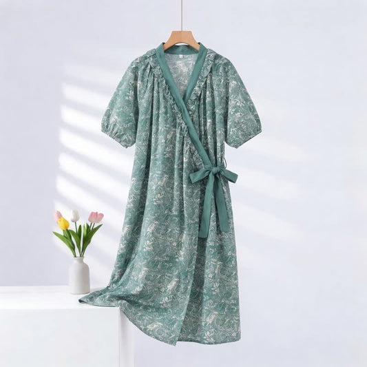 Ownkoti Vintage Green Ruffled Side-tie Nightgown - Green - 2XL - image 0