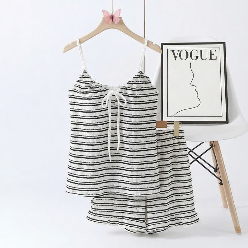 Ownkoti Bow Front Stripe Cami & Shorts Pajama Set - Black - 2XL - image 7