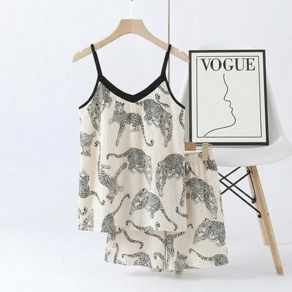 Ownkoti Leopard Print Cami & Shorts Pajama Set - Black - 2XL - image 0