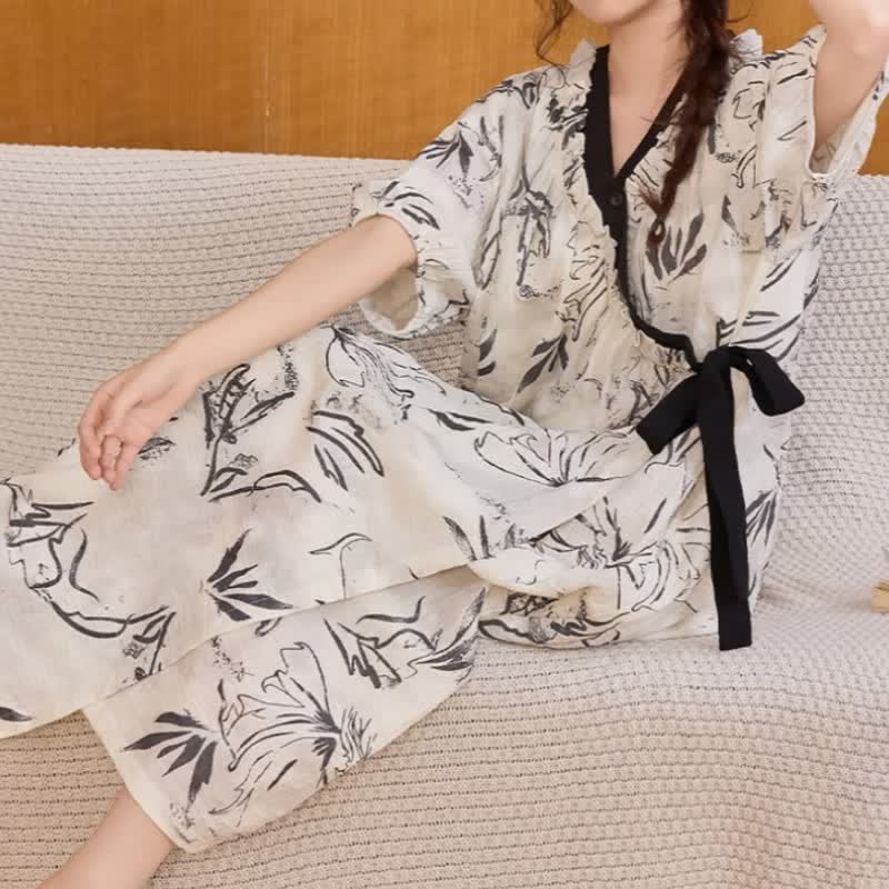 Ownkoti Artistic Pattern Ruffled Side-tie Nightgown - image 2