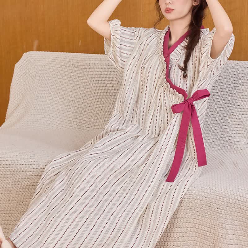 Ownkoti Polka Dot Striped Ruffled Side-tie Nightgown - image 1