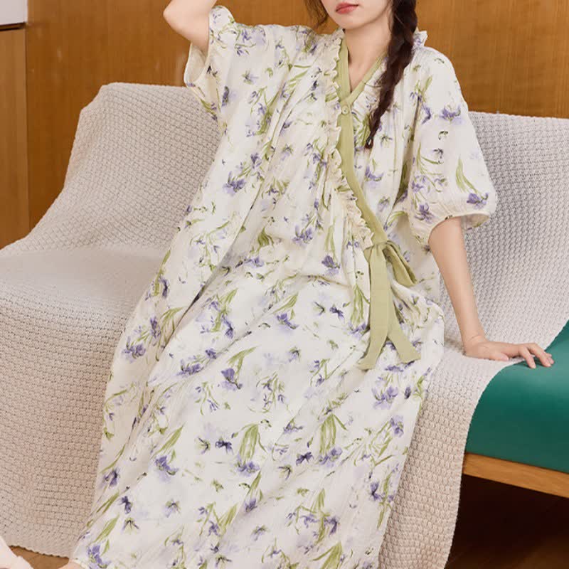 Ownkoti Purple Floral Ruffled Side-tie Nightgown - image 1